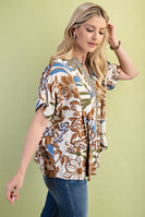 GiGio Mixed Print Top with BOLD Floral Print in Walnut Mix