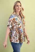 GiGio Mixed Print Top with BOLD Floral Print in Walnut Mix