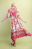 GiGio Mixed Abstract Print Midi Dress in Cream/Pink