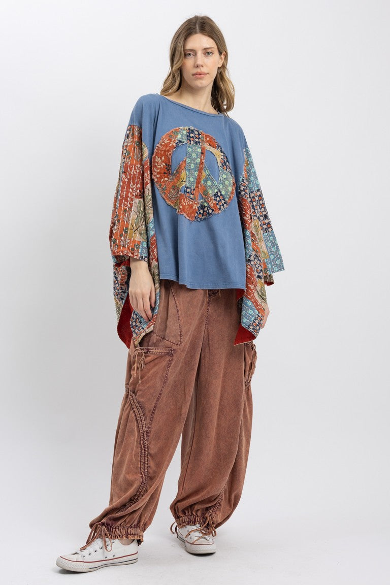 BlueVelvet Peace Sign Patched Upcycled Inspired Poncho Top in Blue