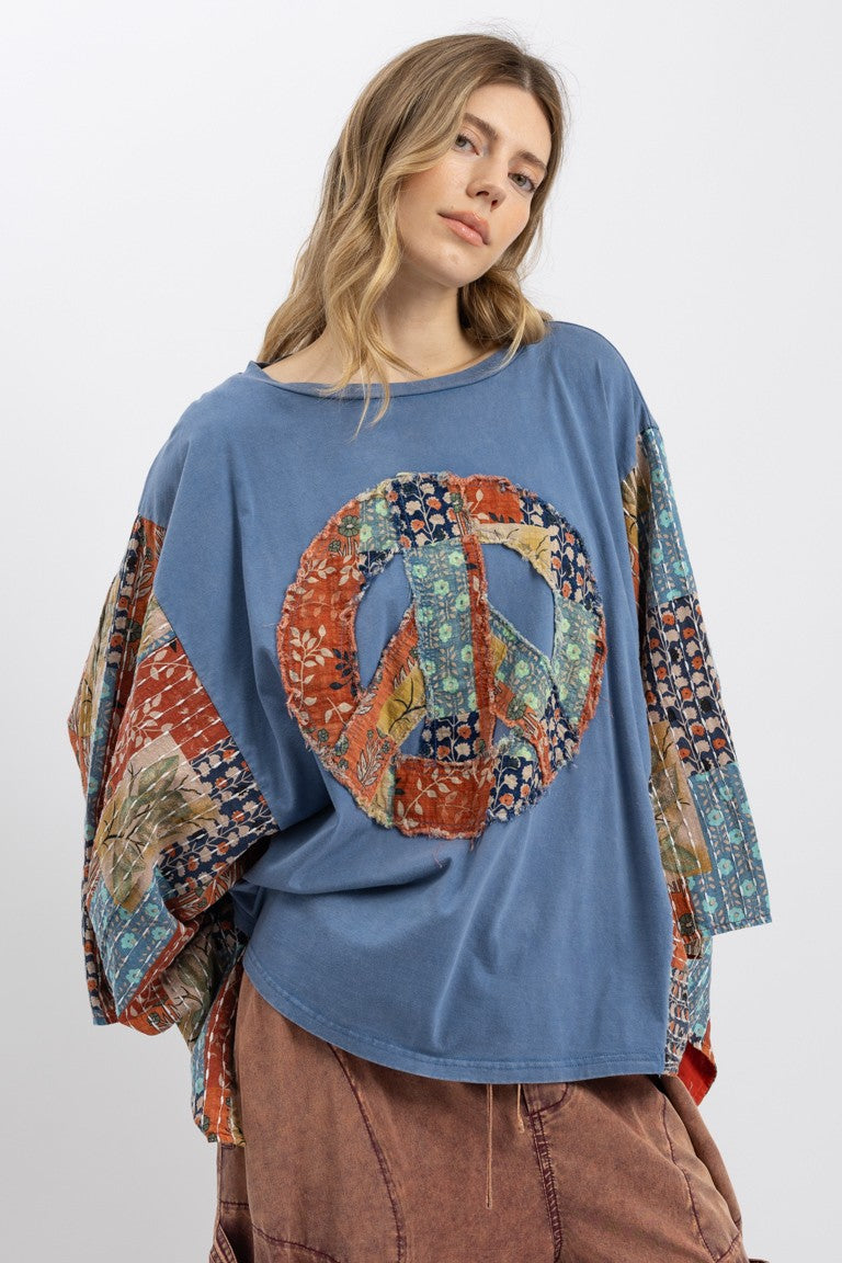 BlueVelvet Peace Sign Patched Upcycled Inspired Poncho Top in Blue