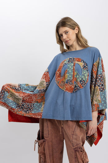 BlueVelvet Peace Sign Patched Upcycled Inspired Poncho Top in Blue