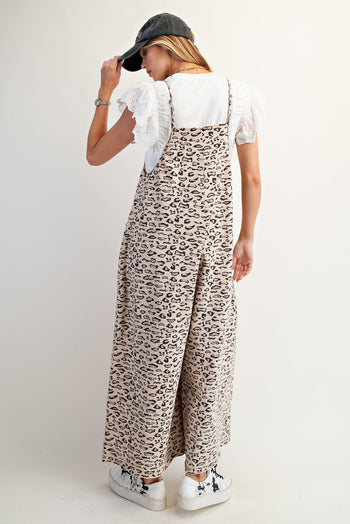 Easel Leopard Print Terry Knit Jumpsuit in Khaki