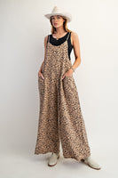 Easel Leopard Print Terry Knit Jumpsuit in Camel