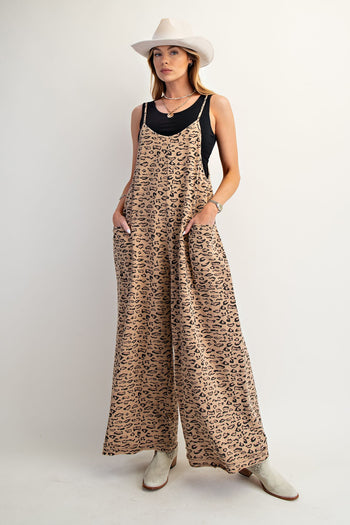 Easel Leopard Print Terry Knit Jumpsuit in Camel