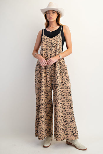 Easel Leopard Print Terry Knit Jumpsuit in Camel