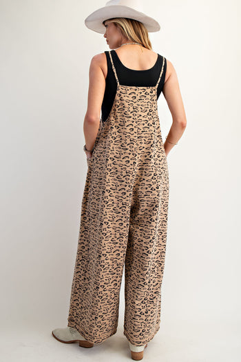 Easel Leopard Print Terry Knit Jumpsuit in Camel