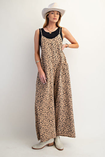 Easel Leopard Print Terry Knit Jumpsuit in Camel