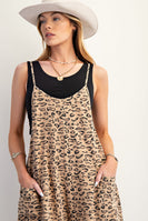 Easel Leopard Print Terry Knit Jumpsuit in Camel