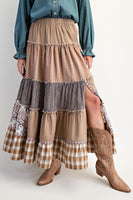 Easel Mixed Print Patchwork Maxi Skirt in Mocha