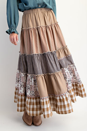 Easel Mixed Print Patchwork Maxi Skirt in Mocha
