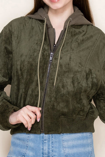 White Birch Faux Suede and Contrasting Hooded Jacket in Olive