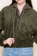 Load image into Gallery viewer, White Birch Faux Suede and Contrasting Hooded Jacket in Olive
