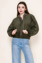 Load image into Gallery viewer, White Birch Faux Suede and Contrasting Hooded Jacket in Olive
