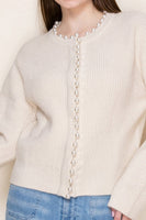 White Birch Knit Cardigan with Large Pearl Trim in Ivory