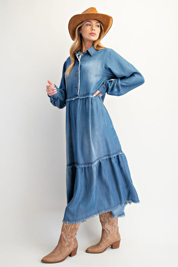 Easel OVERSIZED Tiered Maxi Dress in Dark Denim