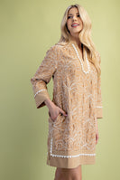 GiGio Solid Color Mini Dress with Contrasting Color Embroidery in Tan