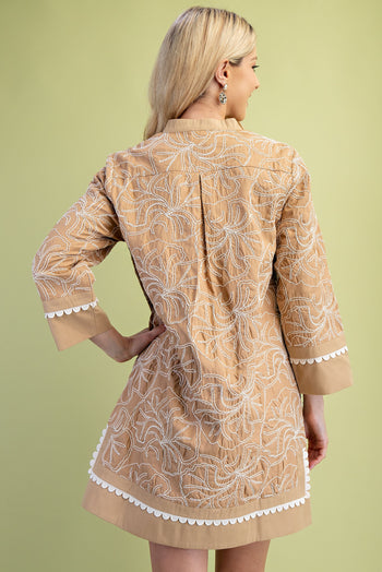 GiGio Solid Color Mini Dress with Contrasting Color Embroidery in Tan