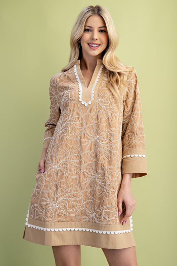 GiGio Solid Color Mini Dress with Contrasting Color Embroidery in Tan