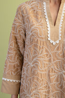 GiGio Solid Color Mini Dress with Contrasting Color Embroidery in Tan