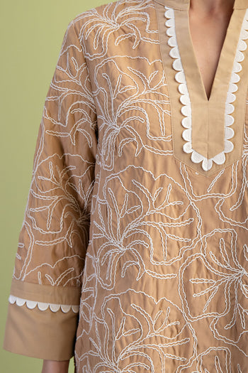 GiGio Solid Color Mini Dress with Contrasting Color Embroidery in Tan