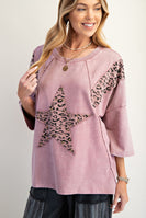 Easel Terry Knit Top with Leopard Print and Star Patched Front in Mauve