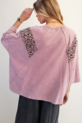 Easel Terry Knit Top with Leopard Print and Star Patched Front in Mauve