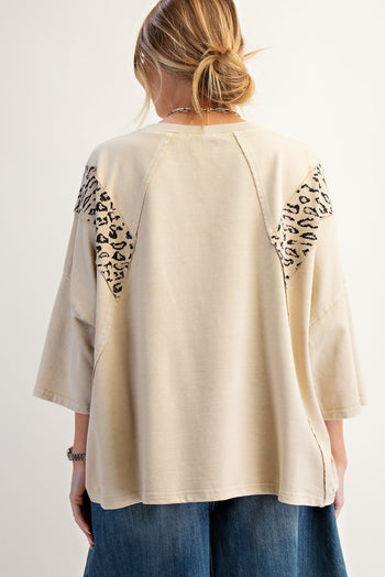 Easel Terry Knit Top with Leopard Print and Star Patched Front in Natural