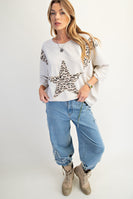 Easel Terry Knit Top with Leopard Print and Star Patched Front in Ecru