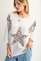 Easel Terry Knit Top with Leopard Print and Star Patched Front in Ecru