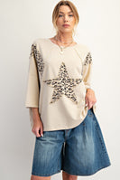 Easel Terry Knit Top with Leopard Print and Star Patched Front in Natural