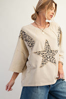 Easel Terry Knit Top with Leopard Print and Star Patched Front in Natural