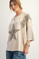 Easel Terry Knit Top with Leopard Print and Star Patched Front in Natural