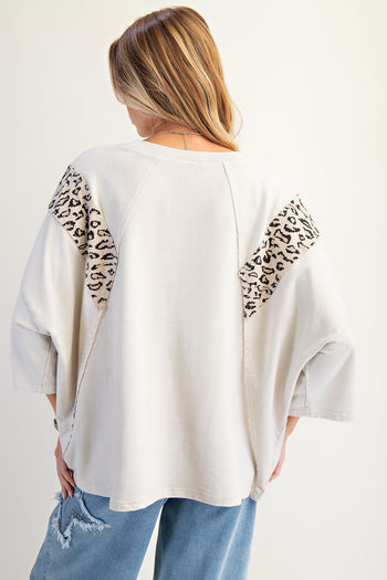 Easel Terry Knit Top with Leopard Print and Star Patched Front in Ecru