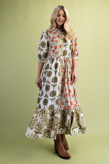 GiGio Mixed Print Button Down Front Maxi Dress in Olive Mix