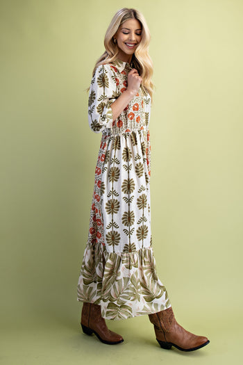 GiGio Mixed Print Button Down Front Maxi Dress in Olive Mix