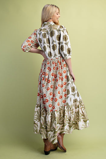 GiGio Mixed Print Button Down Front Maxi Dress in Olive Mix S GiGio Mixed Print Button Down Front Maxi Dress in Olive Mix S