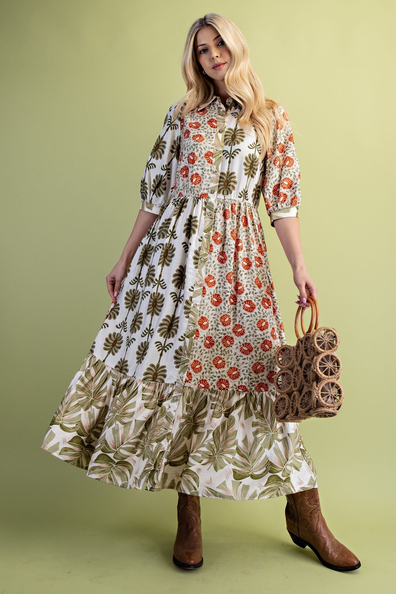 GiGio Mixed Print Button Down Front Maxi Dress in Olive Mix S GiGio Mixed Print Button Down Front Maxi Dress in Olive Mix S