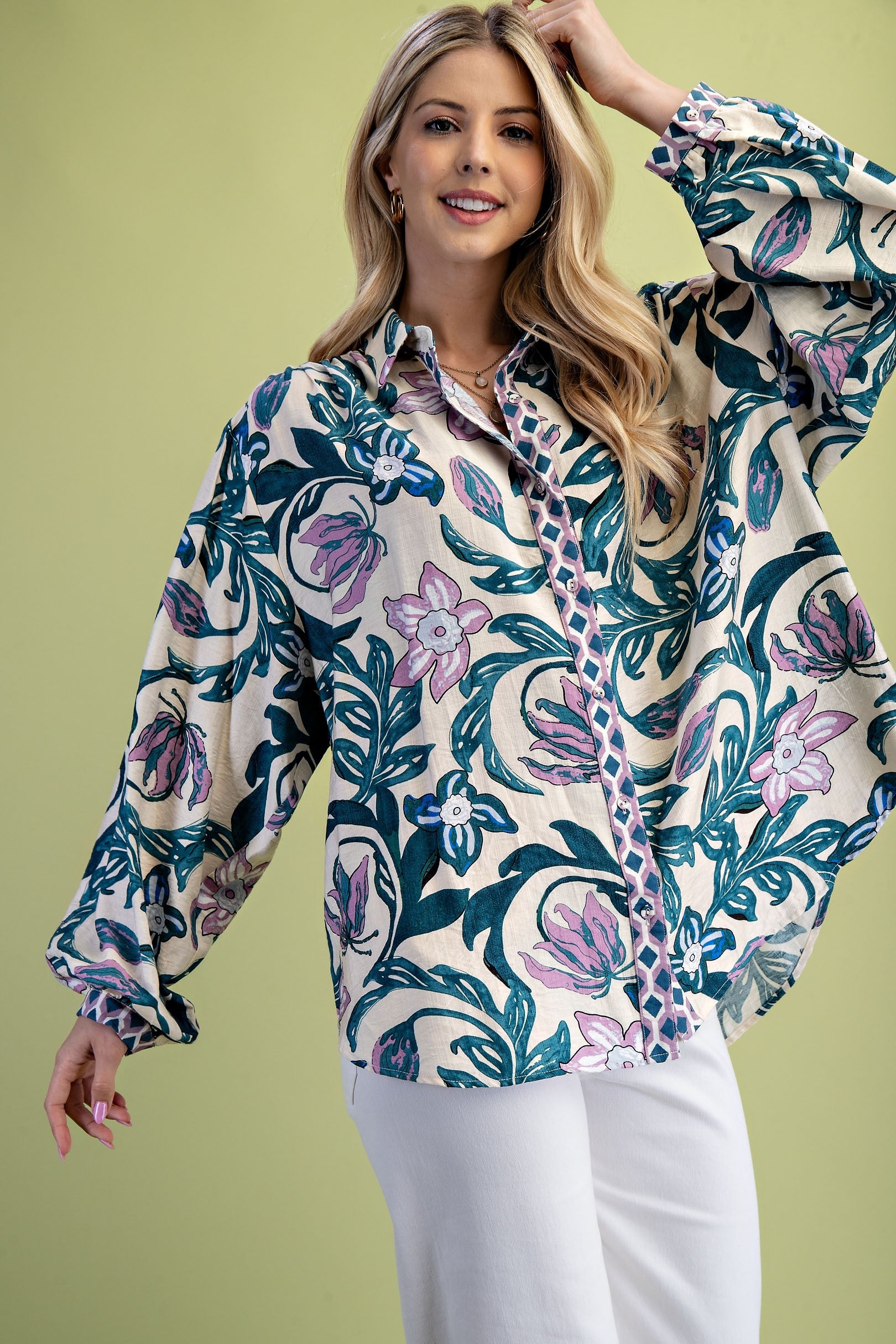 GiGio OVERSIZED Floral Print Top in Teal Mix – June Adel