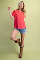 GiGio Solid Color Linen Blend Top in Coral