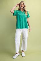 GiGio Solid Color Linen Blend Top in Emerald Green