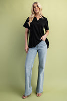 GiGio Solid Color Linen Blend Top in Black