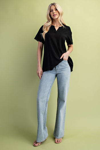 GiGio Solid Color Linen Blend Top in Black