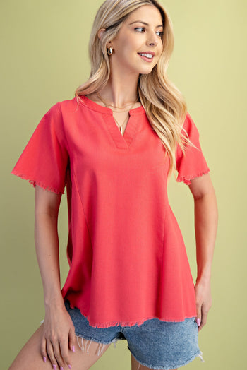 GiGio Solid Color Linen Blend Top in Coral