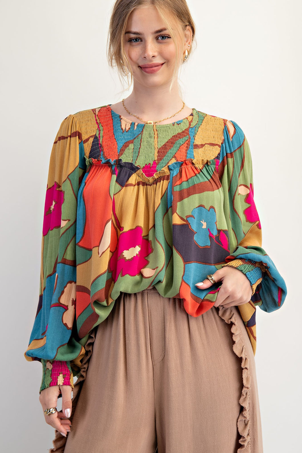 Easel Vibrant Abstract Floral Print Rayon Gauze Top in Sage Teal