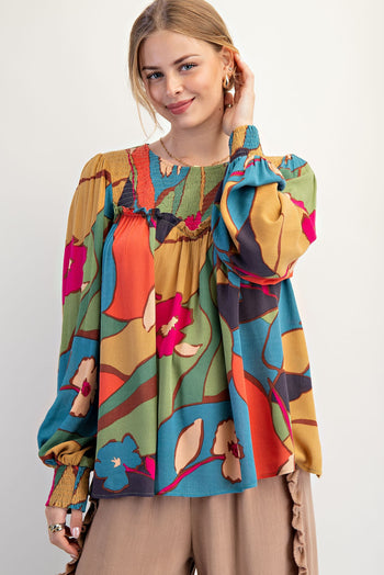 Easel Vibrant Abstract Floral Print Rayon Gauze Top in Sage Teal