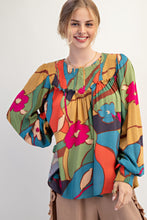 Load image into Gallery viewer, Easel Vibrant Abstract Floral Print Rayon Gauze Top in Sage Teal
