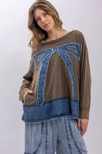 BlueVelvet Denim Bow Patched Top in Brown-Denim