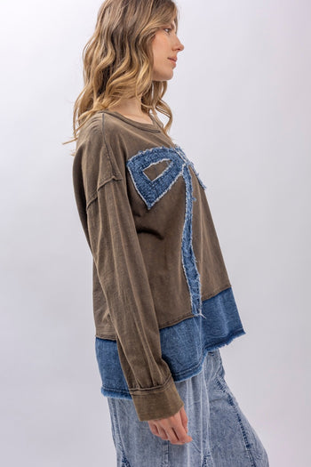 BlueVelvet Denim Bow Patched Top in Brown-Denim