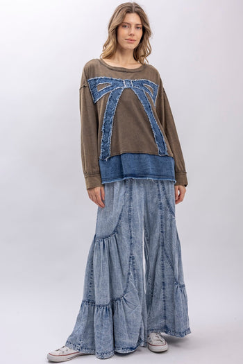 BlueVelvet Denim Bow Patched Top in Brown-Denim